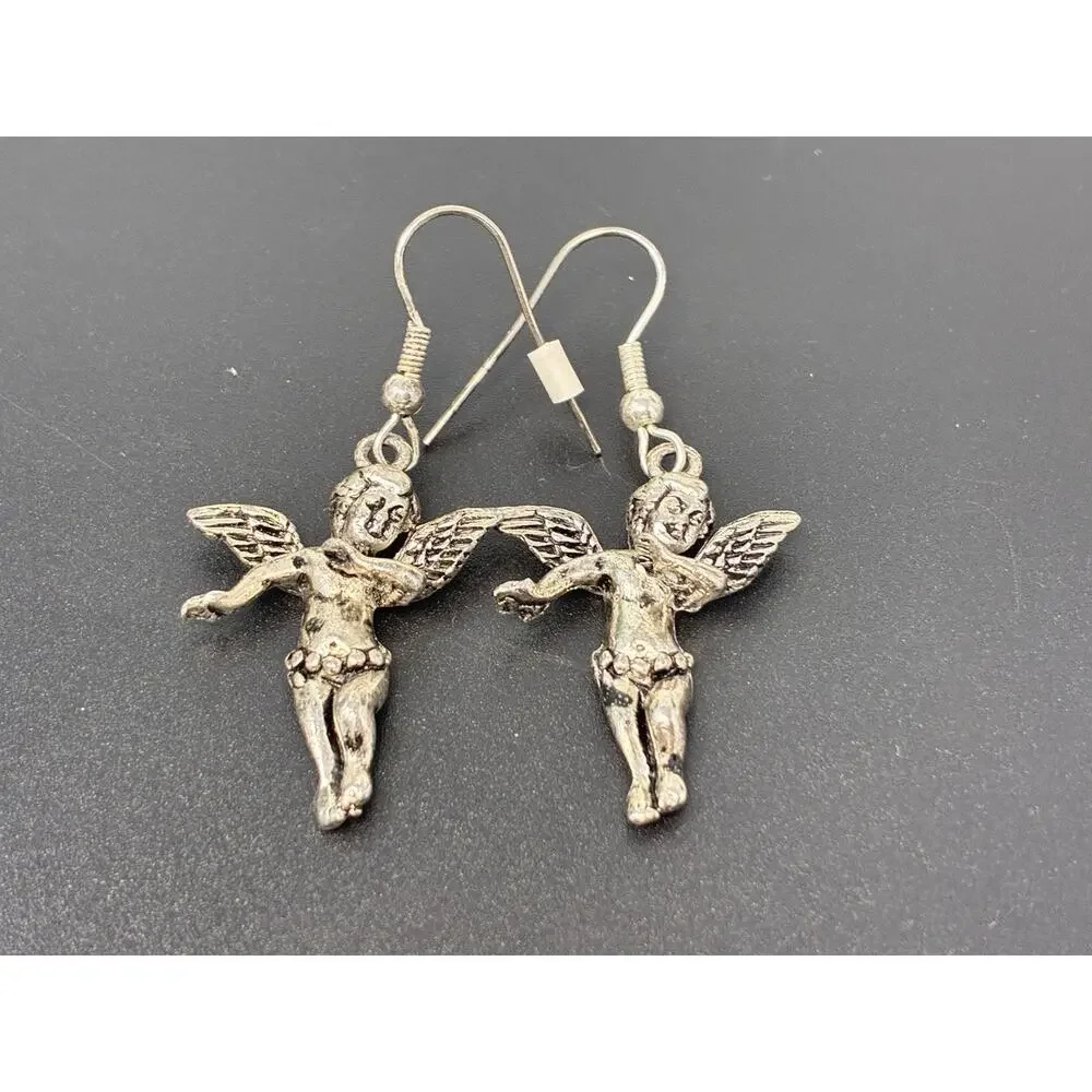 Vintage Angel Cherub Earrings ©BR – Silver-Tone Dangle Hook Jewelry Artisan